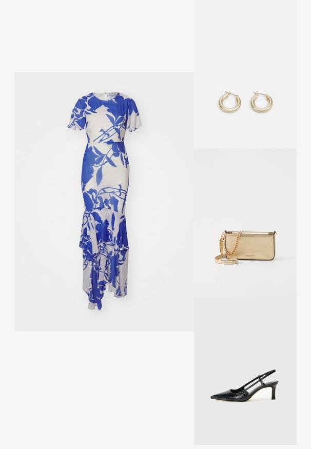 Vestido azul com estampa floral, mangas curtas, corpete ajustado e bainha com babados. Feito de um tecido suave com um fundo creme.; Salto slingback em patente preta com bico apontado, apresentando um padrão de pele de cobra texturizado, tira ajustável e um salto bloco curto e texturizado.; Clutch de couro dourado metálico com um acabamento texturizado, apresentando uma alça de corrente dourada e uma alça de ombro removível. Logotipo da marca em relevo.; Lauren Ralph Lauren BASIC SMALL HOOP - Brincos - gold-coloured