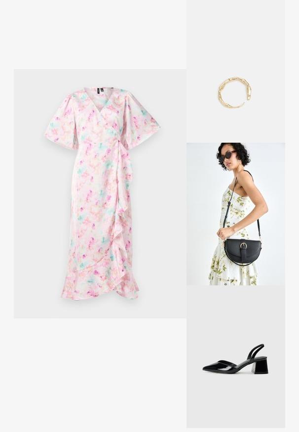 Blommig wrap-klänning med en rosa bakgrund i pastellfärger, korta puffärmar och en vågig nederkant. Slät tygkvalitet.; Svarta lackläder slingback klackar med spetsig tå och geometrisk klack. Har en elegant, minimalistisk design och slät yta.; Svart läderhandväska med en böjd form, avtagbar rem och guldiga detaljer. Väskan har ett lock med en spänndetalj.; Ring i guldutförande med en organisk, vriden design, slät yta och avsmalnande ändar, vilket ger ett modernt, skulpturalt utseende.