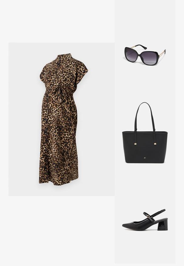Oblačilo za nosečnice s leopardjim vzorcem iz lahkotnega materiala, ki ima ovratnik, kratke rokave, zavezano pasnico in gumbno zapenjanje spredaj.; Črne patentne usnjene salonarce s slingback obliko, s koničastim nosom, zaobljenim izrezom in blok peto. Imajo zlato kovinsko zaponko kot dodatno okrasje.; Črne prevelike sončne očala z degradacijskimi lečami, debelimi okvirji in zlatimi verižicami na ročajih.; Črna torba iz sintetičnega materiala, preproste pravokotne oblike, z zlatimi kvadratnimi detajli in dvojnih ročajem.