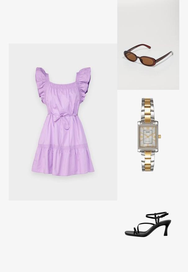 Lavender katoenen jurk met gerimpelde mouwen, aansluitende lijfje en een uitlopende rok. Voorzien van elastische tailleband en strikceintuur voor aanpassing.; Zwarte leren sandaaltjes met hak, voorzien van dunne bandjes, een vierkante teen en een stilettohak. Verstelbare enkelband voor de juiste pasvorm. Glad textuur.; Ronde, bruin getinte zonnebril met een glanzend bordeauxrood frame. Slanke pootjes met subtiele merkdetails. Vlakke lensontwerp.; Casio quartz horloge met een rechthoekige zilveren wijzerplaat, gouden accenten en een twee-kleurige metalen armband in zilver en goud. Waterdicht.