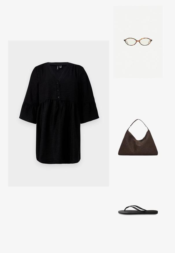 Top negru cu decolteu în V, deschidere cu nasturi și mâneci scurte cu volane. Fabricat dintr-un material texturat cu un croi lejer și fluid.; Încălțăminte tip flip-flop neagră cu o talpă din cauciuc texturat, două bretele subțiri și un detaliu discret, embosat cu logo pe bretea.; Ochelari cu ramă din tartan, cu lentile ovale și un finisaj elegant, neted. Prezintă margini subțiri cu o curbură subtilă la tâmple. Lentile clare.; Geantă din piele împletită, de culoare maro, cu o formă triangulară, lejeră. Are un mâner împletit și închidere cu fermoar pe partea superioară.