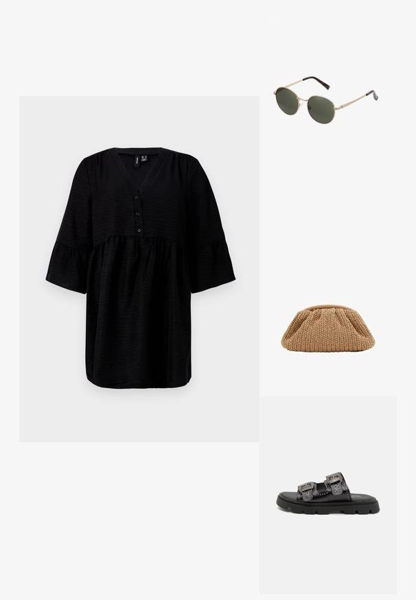 Top negru cu decolteu în V, deschidere cu nasturi și mâneci scurte cu volane. Fabricat dintr-un material texturat cu un croi lejer și fluid.; Sandale negre cu două curele late, decorate cu ținte și catarame detaliate, montate pe o talpă din cauciuc texturat și rezistentă.; Ochelari de soare rotunzi cu rame metalice aurii și lentile de un verde închis. Brațele au un design cu model țestoasă pentru un detaliu suplimentar.; Plică tricotată de culoare bej, cu un design plisat și formă rotundă, având o finisare din țesătură texturată și o deschidere superioară moale.