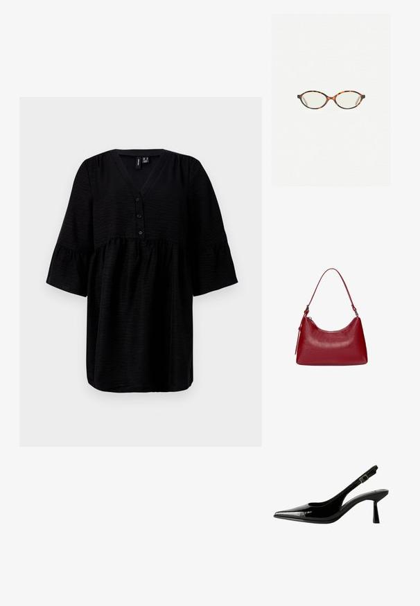 Crna majica s V-izrezom, prednjim gumbima i kratkim ruffles rukavima. Izrađena od teksturiranog materijala s lepršavim, slobodnim krojem.; Crne lakovane kožne cipele s otvorenom petom, šiljastim vrhom, izrezanim stranama, podešavajućom naramenicom i tankim, elegantnim potplatom.; Naočale u boji kornjače s ovalnim staklima i elegantnim, glatkim završetkom. Imaju tanke strane s suptilnom krivuljom na sljepoočnicama. Prozirna stakla.; Crvena kožna torba preko ramena s zakrivljenim dizajnom, glatkom teksturom i zatvaranjem na patentni zatvarač. Ima tanku dršku za nošenje.