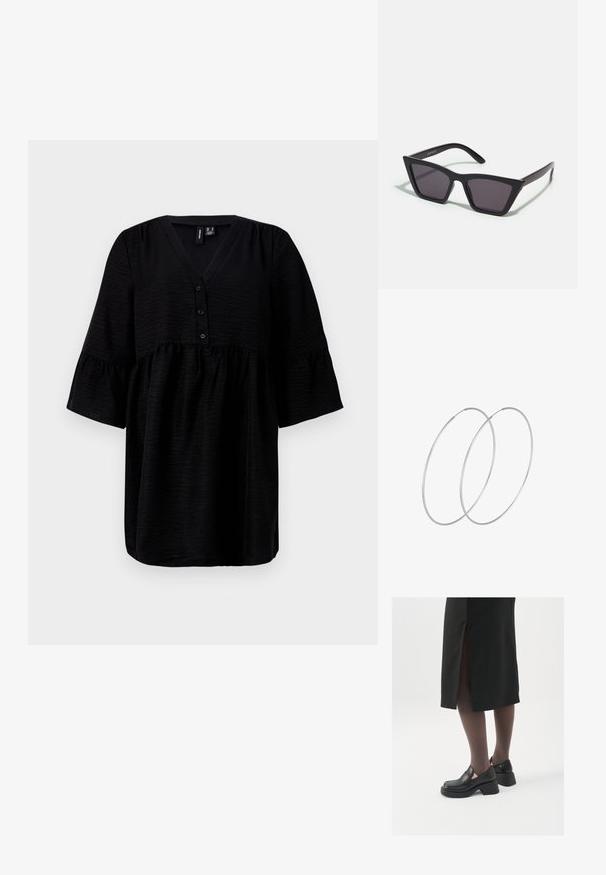 Čierny top s výstrihom do V, predným zapínaním na gombíky a krátkymi volánovými rukávmi. Vyrobený z textúrovanej tkaniny s voľným a vzdušným strihom.; Čierne kožené topánky s okrúhlou špičkou, silným blokovým opätkom a elastickými bočnými akcentmi, skombinované s tmavými pančuchami a čiernou sukňou so štiepením.; Čierne, ostré slnečné okuliare so sivými sklami; vyrobené z plastu, majú hrubé ramená s hladkým povrchom a bez viditeľnej mechaniky.; Strieborné kruhové náušnice s minimalistickým dizajnom. Cirkulárny tvar, hladký povrch a tenký profil. Ľahké s lesklým povrchom.