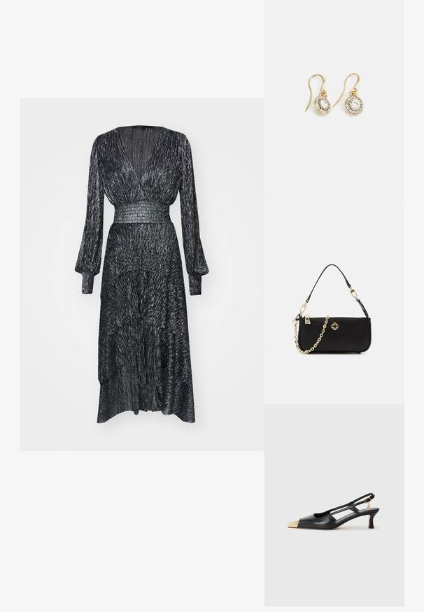 Black, long-sleeve dress made of textured fabric with a pleated design. Features a deep V-neck and a fitted, ribbed waist.; Black leather slingback shoe with a pointed toe and gold metallic cap. Features cut-out design and a slender heel with an adjustable strap.; Black handbag with a smooth texture, featuring a gold chain strap, zip closure, and a decorative gold emblem on the front.; Gold-tone earrings with oval-shaped clear crystals surrounded by smaller clear stones, featuring a hook design for secure wear.