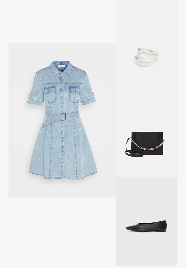 Morgan RIXES - Džinsinė suknelė - blue denim; Juodas odinis baleto batas, su smailiu pirštu, minimalistinio dizaino, lygiu paviršiumi, žemo profilio kulnu, be matomos aparatūros ar papuošimų.; Juodas odinis per petį nešiojamas krepšys turi lygų paviršių, stačiakampio formą ir metalinę grandinėlę priekyje. Pridedama reguliuojama dirželis.; Sidabrinis dvigubas žiedas su lygiu, poliruotu paviršiumi. Pasižymi sklandžiu, kreiptu dizainu su persipinančiomis dalimis, suteikiančiomis modernų išvaizdą.