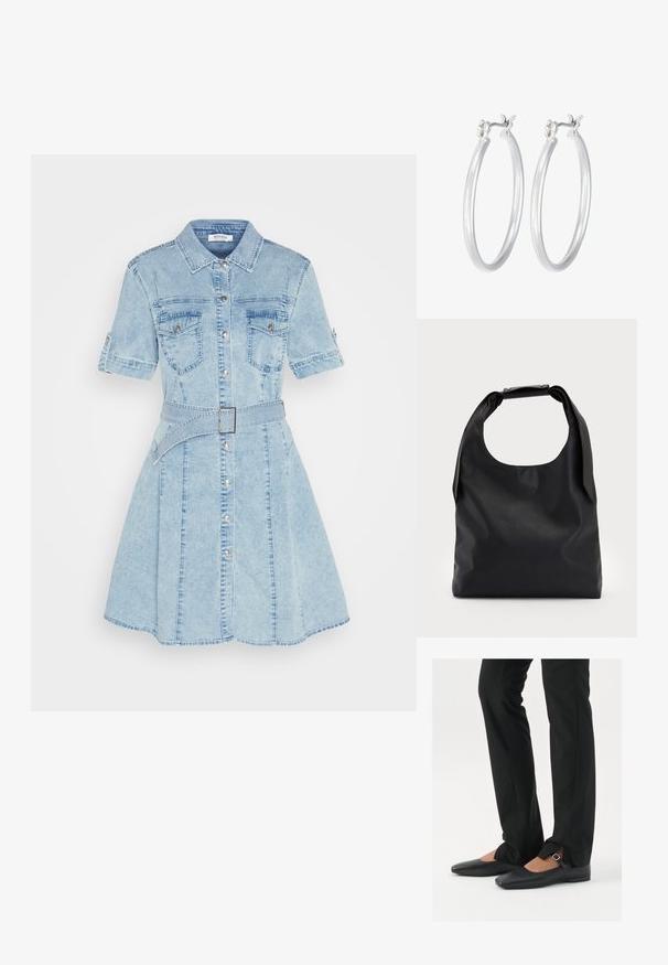 Morgan RIXES - Haljina od trapera - blue denim; Crne kožne balerinke s uskim vrhom, trakica sa srebrnom kopčom, u kombinaciji s crnim krojenim hlačama s otvorenim rubom.; Crna kožna hobo torba s jednim mekanim, zaobljenim ručkom; karakterizira je glatka tekstura i minimalistički dizajn. Nema vidljivih hardverskih detalja ili akcenata.; Srebrne kružne naušnice s glatkom, poliranom površinom. Okrugli oblik i sigurno kopčanje na klik. Lagani dizajn pogodan za svakodnevno nošenje.