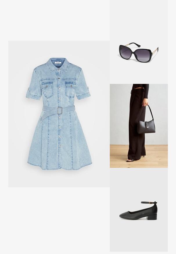 Morgan RIXES - Dongerikjole - blue denim; Sorte skinnpumper med spiss tå og lav blokkhelt. Har ankelrem med gullfarget spenne. Glatt tekstur.; Sorte oversized solbriller med gradient linser, tykke rammer og detaljering med gulltonekjede på tempelarmene.; Svart håndveske med strukturert form, jevn tekstur og metallisk lås. Kombinert med brede svarte bukser og sandaler med åpen tå på tregulv.