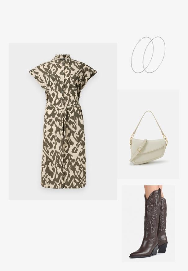 Sukienka koszulowa do kolan w beżowo-oliwkowy wzór zwierzęcy, z krótkimi rękawami, zapinana na guziki z paskiem do przewiązania w talii.; Brązowe skórzane kowbojki z noskiem w kształcie migdała i blokowym obcasem, z detalicznym przeszyciem i podniesionymi akcentami na cholewce.; Mała torebka w kolorze kremowym z teksturowanym wykończeniem, długim regulowanym paskiem, akcentem z łańcucha oraz zapięciem na klapkę. Wykończenia w kolorze złotym.; Srebrne kolczyki w formie obręczy o minimalistycznym designie. Okrągły kształt, gładka faktura i cienki profil. Lekkie, z polerowanym wykończeniem.