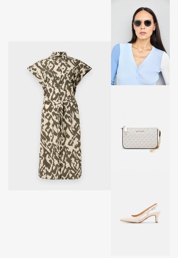 Abito camicia al ginocchio in stampa animale beige e verde oliva, con maniche corte, chiusura frontale con bottoni e una cintura a coulisse in vita.; Slingback bianco con punta affusolata, materiale superiore liscio, tacco basso a blocco e design con ritagli laterali, dotato di cinturino regolabile con fibbia.; Occhiali da sole rotondi con lenti scure e montatura dorata. Il modello indossa un cardigan leggero azzurro a costine con bottoni e maniche bianche a contrasto.; Wristlet Michael Kors in tela rivestita beige con motivo a logo MK ripetuto, hardware dorato e tracolla a catena staccabile.