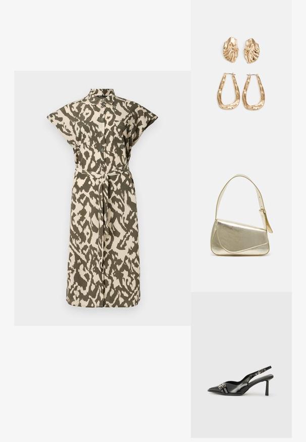 Knee-length shirt dress in beige and olive green animal print, with short sleeves, buttoned front, and a self-tie belt at the waist.; Black patent leather slingback shoe with pointed toe, ankle straps featuring silver buckles and hardware, and a slender heel.; Gold metallic handbag with a structured design, smooth texture, and adjustable strap. Features a unique triangular shape and minimalist stitching.; Gold-tone earrings featuring textured, wavy shapes. Includes sculptural clip-on studs and open hoop design with a hammered finish.