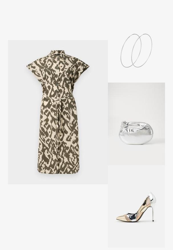 Knee-lange shirtjurk in beige en olijfgroen dierenprint, met korte mouwen, knopen aan de voorkant en een zelfstrikriem in de taille.; Puntige hoge hak schoenen met een zilver, goud en nude kleurenschema. Glanzende afwerking met uitsnijdingen en een stiletto hak.; Zilveren metalen pouch bag met een zachte, afgeronde vorm en een geknoopte sluiting aan de bovenkant. Gemaakt van soepel faux leren materiaal.; Zilveren hoepel oorbellen met een minimalistisch ontwerp. Cirkelvormig, gladde textuur en dun profiel. Lichtgewicht met een gepolijste afwerking.