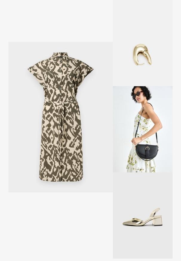 Haljina košulja do koljena u bež i maslinasto zelenom životinjskom uzorku, s kratkim rukavima, dugmadi sprijeda i remenom za vezanje u struku.; Zlatni metalik slingback sandali s šiljatim vrhom i debelim potpeticama. Glatka tekstura, minimalistički dizajn i uski remen.; Crna kožna torba s lukovitim oblikom, odvojivim remenom i zlatnim detaljima. Torba ima preklop s kopčom.; Zlatne metalne naušnice s elegantnim, zakrivljenim dizajnom. Imaju karakterističan šiljast oblik, poliranu površinu i zatvaranje na šarku.