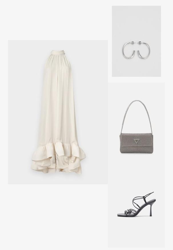 Malina SABRINA HALTER NECK RUFFLED DRESS - Vestido de cocktail / Vestido de festa - white; As sandálias de salto alto pretas apresentam tiras finas com um design em nó, uma biqueira quadrada lisa e um elegante salto agulha.; Bolsa metálica cinza claro com uma alça de corrente, adornada com pequenos rebites metálicos circulares e um logótipo triangular da marca.; Brincos de argola prateados com um acabamento suave e brilhante. Forma arredondada, design leve, com fecho de pino.