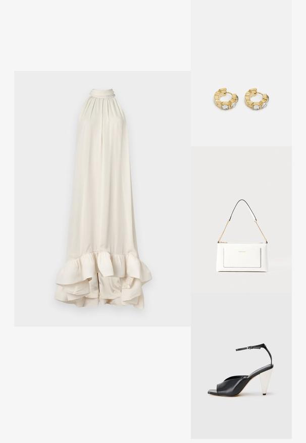 Malina SABRINA HALTER NECK RUFFLED DRESS - Koktajl obleka/za zabavo - white; Črne usnjene sandale s peto, odprto toe, asimetričnim dizajnom, zaponko okoli gležnja in kovinsko stožčasto peto. Gladka tekstura po celotni površini.; Bela usnjena torbica z teksturirano površino, ki vključuje zlat pas in črne detajle. Ima sprednji žep in zadrgo.; Zlati uhani v obliki obroča z teksturiranim dizajnom in tremi prozornimi kristalnimi poudarki na eni strani, ki ponujajo sodoben geometrijski estetski videz.