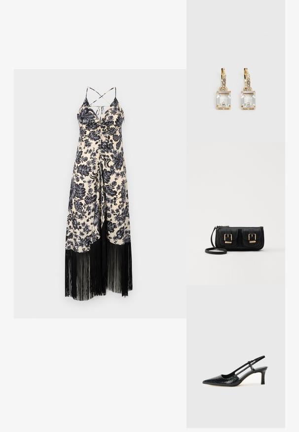 Rochie cu imprimeu floral în crem și negru, având un corset ajustat, bretele subțiri și ornamente din breton negru la margine.; Pantofi cu toc slingback negri din patent, cu vârf ascuțit, cu imprimeu de șarpe texturat, curea ajustabilă și toc scurt texturat.; Geantă neagră din piele, tip crossbody, cu două buzunare frontale, catarame aurii, închidere cu fermoar și o curea subțire. Suprafață texturată și formă rectangulară compactă.; Cercei aurii care prezintă un cristal clar, rectangular, suspendat sub un rând de accente mici, rotunde, clare. Design elegant și modern.