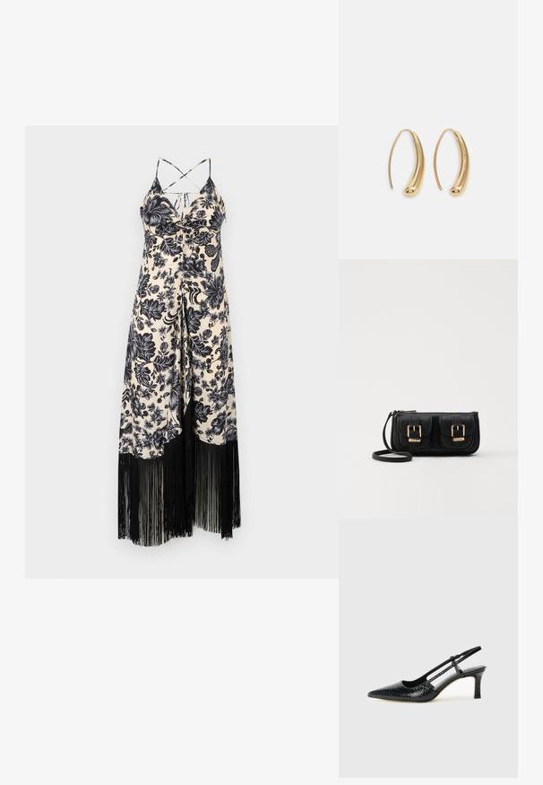 Blumendruckkleid in Creme und Schwarz, mit tailliertem Oberteil, Spaghetti-Trägern und schwarzem Fransenverzierung am Saum.; Schwarze Lack-Slingback-Pumps mit spitzem Zehenbereich, versehen mit strukturiertem Schlangenprint, verstellbarem Riemen und einem kurzen, strukturierten Blockabsatz.; Schwarze Leder-Umhängetasche mit zwei vorderen Taschen, goldenen Schnallen, Reißverschluss und einem schmalen Tragegurt. Texturierte Oberfläche und kompakte rechteckige Form.; Goldfarbene Metall-Hoops mit einer geschwungenen, länglichen Form. Sie verfügen über eine glatte, glänzende Oberfläche und eine abgerundete Spitze für zusätzliche Details.