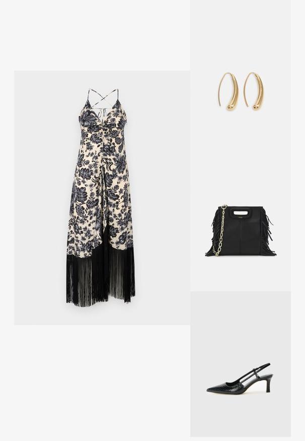 Blomsterprint kjole i creme og sort, med en tætsiddende bodice, spaghetti-stropper og sort frynsepynt i kanten.; Sorte patent slingback hæl med spids tå, prydet med tekstureret slangeskindsmønster, justerbar rem og en kort, tekstureret blokhæl.; Sort læder skuldertaske med frynse-detaljer, guldkæde skulderrem og udskåret håndtag. Har logo placeret på forsiden.; Guldfarvede metal hoops øreringe med en bøjet, forlænget form. Har en glat, skinnende overflade og en afrundet spids for ekstra detalje.
