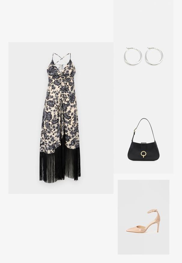 Haljina s cvjetnim uzorkom u krem i crnoj boji, s prilagođenim tijelom, trakama za rame i crnim resicama na rubu.; Nude patentna kožna cipela s uskim vrhom, kaišem oko gležnja i štiklom, koja se odlikuje glatkom teksturom i minimalističkim dizajnom.; Crna kožna torba s zakrivljenim siluetom, kratkom trakom, središnjim zlatnim hardverom i glatkom teksturom. Nema vidljivih uzoraka ili akcenata.; Srebrne okrugle naušnice imaju glatki, zaobljeni dizajn s tankim profilom i sigurnim zatvaračem. Minimalistički stil s sjajnom završnom obradom.
