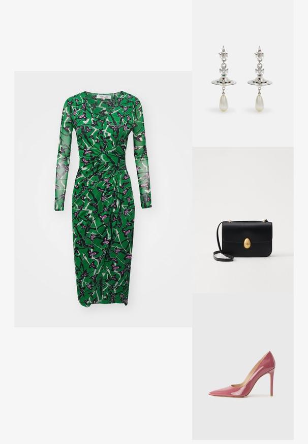 Diane von Furstenberg CHARLOTTE DRESS - Vapaa-ajan mekko - green; Vaaleanpunaiset lakatut korkokengät, joissa on terävä nenä ja siro muotoilu, varustettuna leikkauksella ja terävällä korolla.; Musta nahkakäekott struktureeritud ristküliku kujuga. Varustatud kuldse ovaalse lukuga ja õhukese õlalindiga. Sile tekstuur.; Hope hopea, jossa on pyöreä muoto, koristeltu kimaltavilla kivillä ja tipan muotoisella helmipendaatilla. Erityinen muotoilu monimutkaisilla yksityiskohdilla.