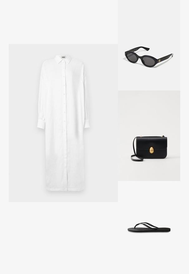 Vestido camisa de linho branco com colarinho pontiagudo, botão de comprimento total e mangas longas com detalhes nos punhos. Textura suave e corte solto.; Chinelo preto com sola de borracha texturizada, duas tiras finas e um detalhe de logotipo discreto em relevo na tira.; Óculos de sol ovais pretos com lentes escuras e armação de plástico brilhante. Apresenta um logotipo dourado na haste, oferecendo um design elegante e moderno.; Bolsa de mão em couro preto com uma forma rectangular estruturada. Apresenta um fecho oval dourado e uma alça para o ombro fina. Textura suave.