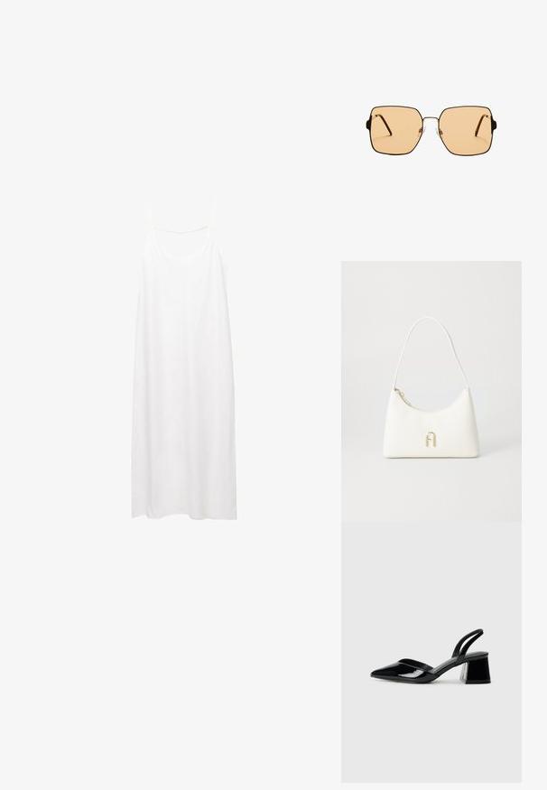 Vit ärmlös klänning med V-ringning och tunna axelband. Enkelt, rak snitt med en slät textur utan mönster eller dekorationer.; Svarta lackläder slingback klackar med spetsig tå och geometrisk klack. Har en elegant, minimalistisk design och slät yta.; Fyrkantiga solglasögon med bruna linser och en tunn svart metallram. Har vinklade skalmar och justerbara näsdelar för ökad komfort.; Vit handväska med en böjd form och släta ytor. Har en logo i guldton och en dragkedjestängning. Justerbar axelrem.