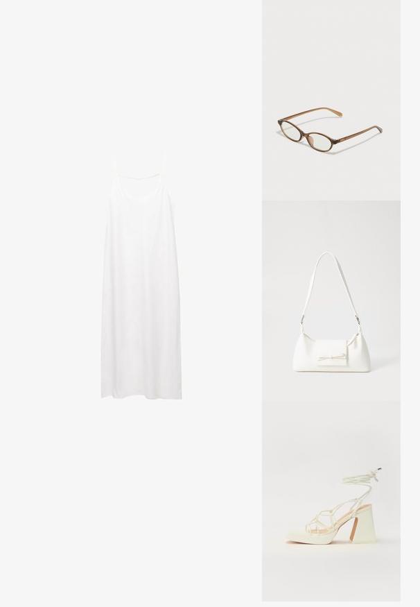 Weißes, ärmelloses Kleid mit V-Ausschnitt und dünnen Trägern. Schlichter, gerader Schnitt mit glatter Textur und ohne Muster oder Verzierungen.; Weiße High-Heel-Sandale mit einem klobigen Absatz, die über ein Riemchendesign und ein Knöchelband verfügt. Glatte Textur mit einer Plattform vorne für zusätzliche Höhe.; Braune Schildpatt-Brille mit ovalen Gläsern, dünnen Bügeln und transparenten Akzenten. Verfügt über ein dezentes Logo am Bügel. Elegantes, leichtes Design.; Weiße synthetische Handtasche in dreieckiger Form, flache Vorderklappe und Schleifendetail, verstellbarer Trageriemen, glatte Textur und minimalistisches Design.