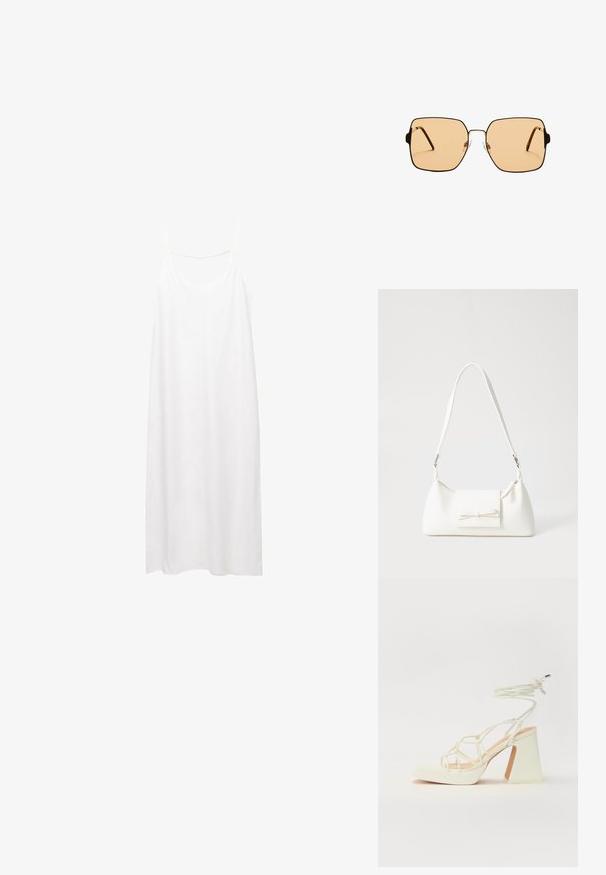 Witte, mouwloze jurk met een V-hals en dunne bandjes. Eenvoudige, rechte snit met een gladde textuur en zonder patronen of versieringen.; Witte hoge hakken sandaal met een chunky hak, met een bandjesontwerp en enkelband. Gladde textuur met een plateau voor extra hoogte.; Vierkante zonnebril met bruine lenzen en een dun zwart metalen frame. Beschikt over schuine pootjes en verstelbare neuspads voor comfort.; Witte synthetische handtas met een driehoekige vorm, platte voorklep en strikdetail, verstelbare schouderriem, gladde textuur en minimalistisch ontwerp.