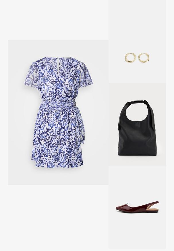 Kratke rokave, obleka v ovitku iz belega blaga z modrim cvetličnim potiskom. Ima pas s trakom in detajl odprtine na hrbtu. Lahka tekstura.; Burgundski patenti slingback baletni čevlji s koničastim nosom, prozornim izrezi in črnim ravnim podplatom. Gladka tekstura, minimalističen dizajn.; Črna usnjena torba hobo z enim mehkobnim, okroglim ročajem; ima gladko teksturo in minimalističen dizajn. Brez vidnih kovinskih delov ali poudarkov.; Zlate obročaste uhane z teksturirano, nepravilno obliko. Imajo brezšivno zapiranje in poliširano površinsko obdelavo, kar poudarja sodoben dizajn.