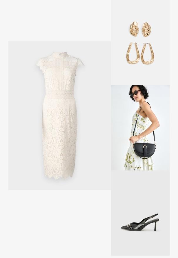 Krém színű csipke ruha, magas nyakkal, rövid ujjal, virágmintákkal és fodros szegéllyel. Közepes hosszúságú, testhezálló szabással.; Fekete lakk bőr, hegyes orrú slingback cipő, boka pántokkal, ezüst csatokkal és hardverelemekkel, valamint karcsú sarkú.; Fekete bőrtáska ívelt formával, levehető pánttal és arany színű fémrészekkel. A táskán egy csattal díszített fedél található.; Aranyszínű fülbevalók, texturált, hullámos formákkal. Tartalmazza a szobrászati klipszes studokat és az open hoop kialakítást, kalapácsos felülettel.