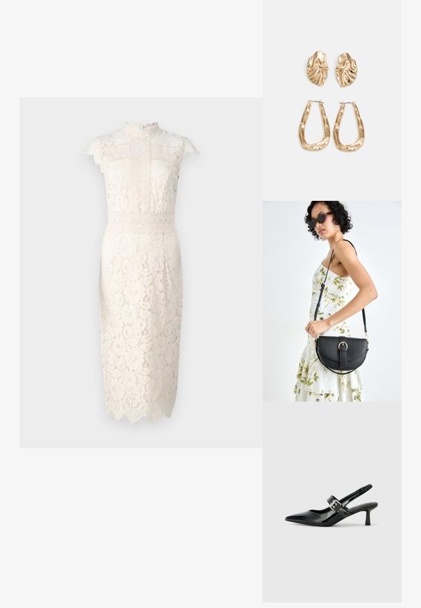 Spetsklänning i crème, med hög hals, korta ärmar, blommönster och scallopkant. Mittenlång med en figurnära silhuett.; Svarta patentläder slingback-klackar med spetsig tå och en liten blockklack, med en silvrig spänneaccent på remmen.; Svart läderhandväska med en böjd form, avtagbar rem och guldiga detaljer. Väskan har ett lock med en spänndetalj.; Örhängen i guldton med texturerade, vågiga former. Inkluderar skulpturala clip-on-stift och öppen hoop-design med hamrad finish.
