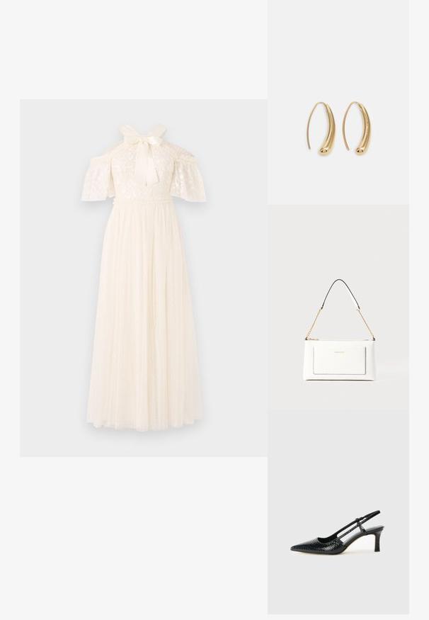 Elefántcsont színű ruha, csipkebodros felsőrésszel, váll alá húzott ujjakkal és szalaggal a nyakban. A szoknya puha anyagból készült, pontozott textúrával.; Fekete lakk slingback sarok, hegyes orral, texturált kígyómintával, állítható pánttal és rövid, texturált tömbsarkal.; Fehér bőr kézitáska, texturált felülettel, arany lánccal és fekete részletekkel. Elülső zsebbel és cipzáros zárással rendelkezik.; Aranyszínű fémből készült karika fülbevalók ívelt, hosszúkás formával. Simaságával és fényes felületével, valamint lekerekített végével további részletekkel bővül.