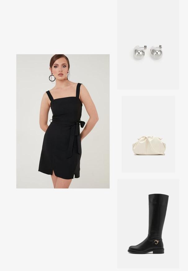 Czarna sukienka z kwadratowym dekoltem, szerokimi ramiączkami i dopasowanym krojem. Posiada boczny zawiązanie i rozcięcie z przodu dla dodatkowego akcentu.; Anna Field Wide Fit - Kozaki; Kremowa, miękka torba z sztucznej skóry o marszczonym wzorze, z regulowanym paskiem i subtelnym zapięciem na sznurek. Gładka faktura i zaokrąglony kształt.; Srebrne kolczyki w kształcie kropli z zaokrąglonymi, odbijającymi światło powierzchniami; minimalistyczny design z gładką fakturą i subtelnym detalem brandingowym.