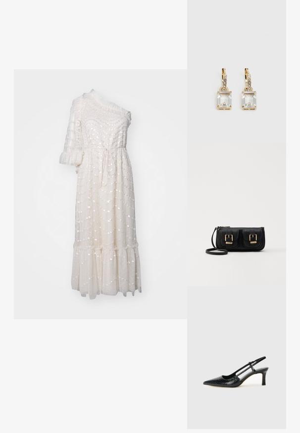 Robe blanche avec un design asymétrique à une épaule, un tissu texturé, des accents froncés, une ceinture à la taille et un ourlet à volants avec des détails en sequins.; Escarpin slingback en vernis noir avec un bout pointu, présentant un imprimé serpent texturé, une sangle réglable et un petit talon bloc texturé.; Sac en cuir noir porté en travers avec deux poches avant, boucles dorées, fermeture zippée et une sangle fine. Surface texturée et forme rectangulaire compacte.; Boucles d'oreilles en or lumineux avec un cristal rectangulaire transparent pendent sous une rangée de petits accents ronds transparents. Design élégant et moderne.
