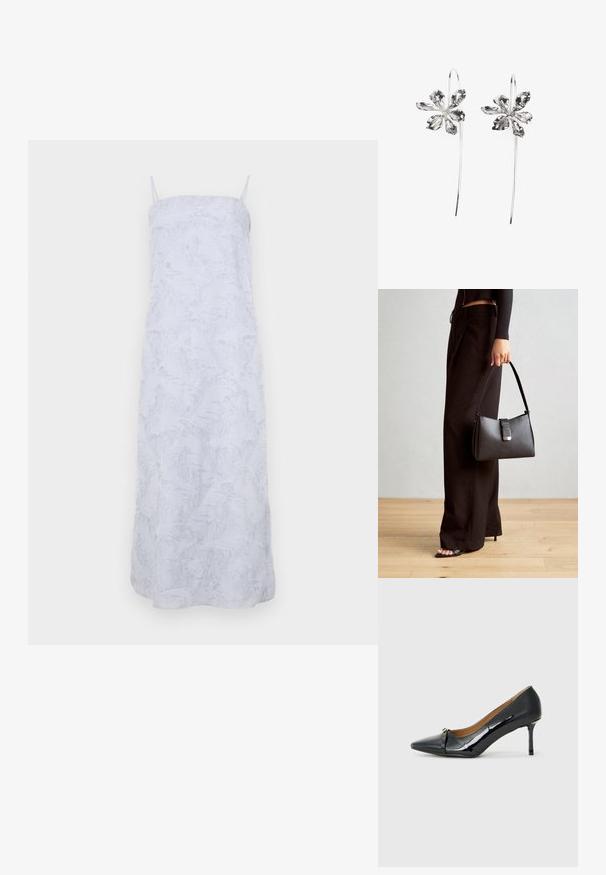 Biela maxi šaty s tenkými ramienkami, vyrobené z textúrovaného, mäkkého materiálu s jemným embosovaným vzorom po celom povrchu. Jednoduchý, rovný strih.; Čierna lakovaná vysoká podpätková topánka s ostrým špičkou, dekoratívnym remienkom vpredu a tenkým stiletto podpätkom.; Čierna kabelka so štruktúrovaným tvarom, hladkou textúrou a kovovou sponou. V kombinácii so širokými čiernymi nohavicami a sandálmi s otvorenou špičkou na drevenej podlahe.; Strieborné náušnice v tvare kvetu s textúrovaným povrchom, vybavené dlhými háčikmi a detailmi pripomínajúcimi lupene pre zložitý dizajn.