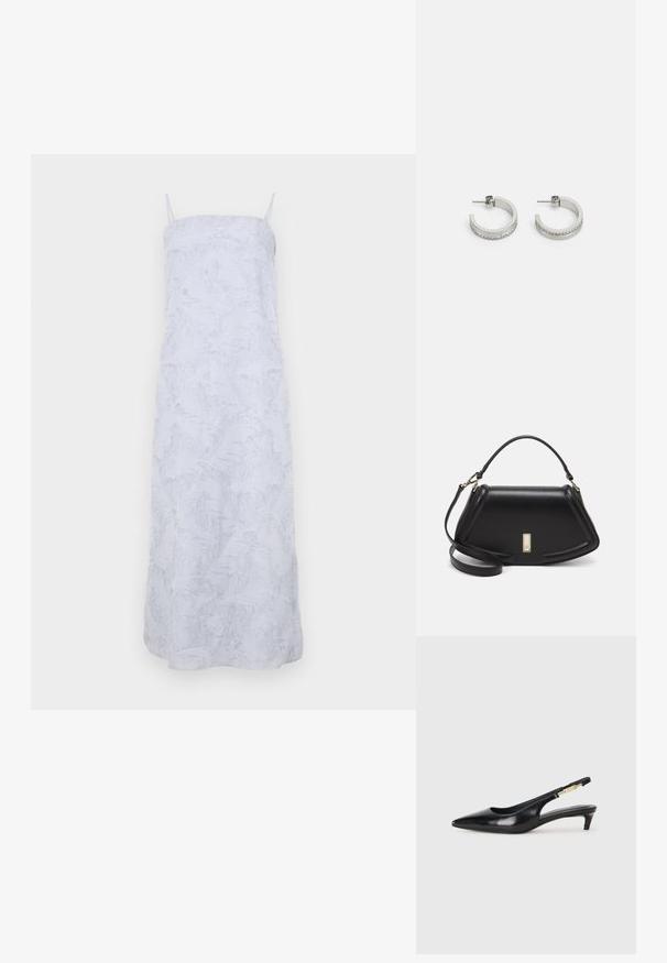Fehér maxi ruha vékony pántokkal, texturált, puha anyagból készült, finom, dombornyomott mintázattal. Egyszerű, egyenes vonalú fazon.; Fekete bőr slingback magassarkúk, hegyes orral, vékony sarkakkal és arany színű részlettel a állítható pánton. Simа felület.; Fekete bőr kézitáska, strukturált dizájnnal, rövidített formával, felső fogantyúval és arany színű kiegészítőkkel. Állítható vállpánt is tartozik hozzá.; Ezüst karika fülbevaló, sima felülettel, az alsó széleken egy sor apró, tiszta kővel, és hátulról rögzített záródással.