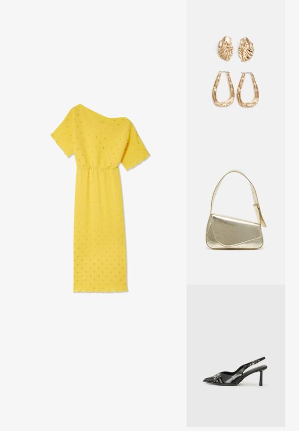 Vestido amarelo com mangas curtas, textura canelada e cintura franzida. Apresenta pontos dourados e um decote assimétrico.; Sapato slingback preto em pele patentada com bico apontado, tiras no tornozelo apresentando fivelas e acessórios prateados, e um salto elegante.; Bolsa de mão metálica dourada com um design estruturado, textura suave e alça ajustável. Apresenta uma forma triangular única e costura minimalista.; Brincos em tom de ouro com formas onduladas e texturizadas. Inclui studs escultóricos com presilha e um design de argola aberta com um acabamento martelado.