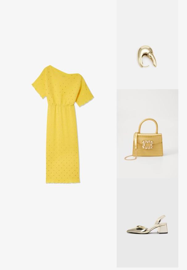 Žluté šaty s krátkými rukávy, ribovanou texturou a nařaseným pasem. Obsahují zlaté tečky a asymetrický výstřih.; Kovové zlaté pantofle na podpatku s špičatou špičkou a masivním podpatkem. Hladký povrch, minimalisticý design a úzký pásek.; Žlutá kabelka z umělé krokodýlí kůže se strukturovaným designem, horním uchopem, odnímatelným řetízkovým popruhem a dekoračním krystalovým zdobením na zapínání.; Náušnice ve zlatém tónu z kovu s elegantním zakřiveným designem. Vyznačují se jedinečným špičatým tvarem, lesklým povrchem a závěsem na kloub.