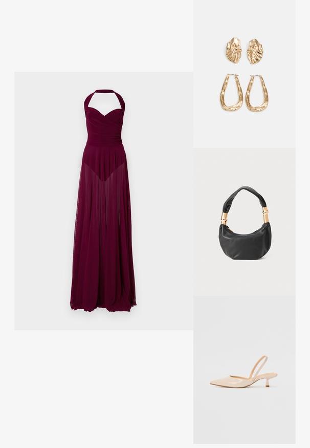 Bordeauxfarbenes Neckholderkleid mit tailliertem Oberteil und fließendem, transparentem Rock. Verfügt über Rüschen am Bustier und ein langes, fließendes Design.; Beige Lackleder Slingback-Pumps mit spitzem Vorderteil und einem schlanken, quadratischen Absatz. Glatte Textur und minimalistisches Design ohne Verzierungen.; Schwarze Lederhandtasche mit runder Form, weicher Textur und einem geknoteten Griff mit goldfarbenen Hardware-Akzenten. Reißverschlussverschluss.; Ohrringe in Goldoptik mit strukturierten, gewellten Formen. Beinhaltet skulpturale Clip-Ohrringe und ein offenes Hoop-Design mit gehämmertem Finish.