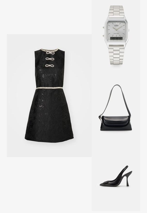 Črna obleka s cvetličnim vzorcem, brez rokavov, z okrasnim ovratnikom in perlastim pasom. Ima dekorativne gumbe v obliki vozla na sprednji strani.; Črne usnjene slingback čevlje s koničastim prstom, ozko visoko peto in dekorativnim naglavnim poudarkom. Gladka tekstura in eleganten dizajn.; Črna usnjena torbica z oblikovano strukturo, gladko teksturo in eno naramnico. Opremljena je z diskretnim, zaobljenim pokrovom.; Srebrna Casio quartz ura s pravokotno/png-iskonsko obliko, analogno in digitalno prikazovanje, jekleni pas in vodoodporne funkcije.