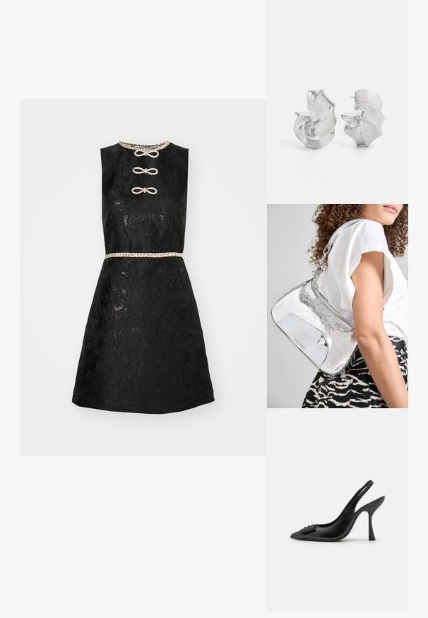 Čierne šaty s kvetinovou textúrou, bez rukávov, s ozdobným výstrihom a perlovým opaskom. Obsahujú dekoračné gombíky so zhrňovacím uzlom na prednej strane.; Čierne kožené šľapky so špicatou špičkou, úzkym vysokým opätkom a dekoratívnou mašľou. Hladká textura a elegantný dizajn.; Strieborná metalická kabelka na rameno s hladkou textúrou, zakriveným dizajnom, retiazkou na nosenie a lesklým predným panelom s jemnou gravírovanou logom.; Strieborné náušnice s plynulým, špirálovým dizajnom. Hladký povrch s lešteným finišom. Majú jemný lesk a žiadne viditeľné ozdoby.
