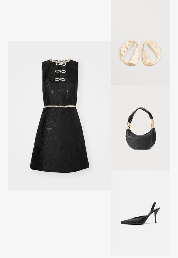 Schwarzes Kleid mit floralem Muster, ärmellos, verziertes Dekolleté und Perlengürtel. Verfügt über dekorative Knopfverschlüsse auf der Vorderseite.; Schwarze Slingback-Absatzschuhe mit spitzem Fuß, aus glattem Leder und einem eleganten, minimalistischen Design. Hoher Stiletto-Absatz.; Schwarze Lederhandtasche mit runder Form, weicher Textur und einem geknoteten Griff mit goldfarbenen Hardware-Akzenten. Reißverschlussverschluss.; Ein Paar unregelmäßige, oval geformte Ohrringe aus goldfarbenem Metall mit einer strukturierten, leicht gehämmerten Oberfläche auf weißem Hintergrund.