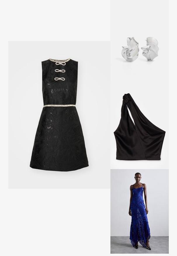 Rochie neagră cu textură florală, design fără mâneci, gât brodat și curea cu mărgele. Prezintă nasturi decorativi cu noduri în față.; Top asimetric din satin negru cu o curea pe umăr, având un design drapat și închidere cu fermoar pe lateral. Textură moale.; Rochie maxi cu imprimeu de animale în nuanțe de albastru și violet, cu bretele subțiri, corset strâns, tiv evazat și detalii de voal transparent.; Cercei din argint cu un design fluid, spiralat. Textură netedă cu o finisare lustruită. Prezintă un aspect subtire, strălucitor și fără embellishments vizibile.