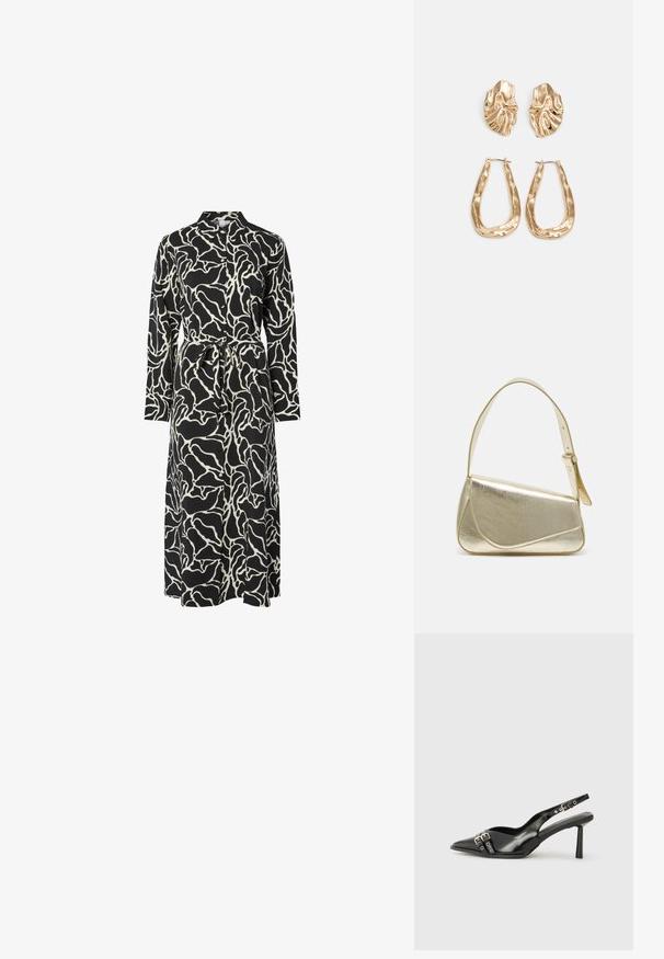 Melna garenruku kleita ar baltu abstraktu rakstu, ar apkakles dekoltē, jostas saitēm un plūstošu siluetu.; Melnā patentēta ādas sandale ar norādītu purngalu, potītes siksniņām ar sudraba sprādzēm un aparatūru, kā arī smalku papēdi.; Zelta metāla somiņa ar strukturētu dizainu, gludu tekstūru un regulējamu siksniņu. Iezīmējas ar unikālu trīsstūrveida formu un minimālistisku šuvumu.; Zelta krāsas auskari ar teksturētām, viļņotām formām. Iekļauts skulpturāls piespraužams modelis un atvērta gredzenveida konstrukcija ar izsistām virsmām.