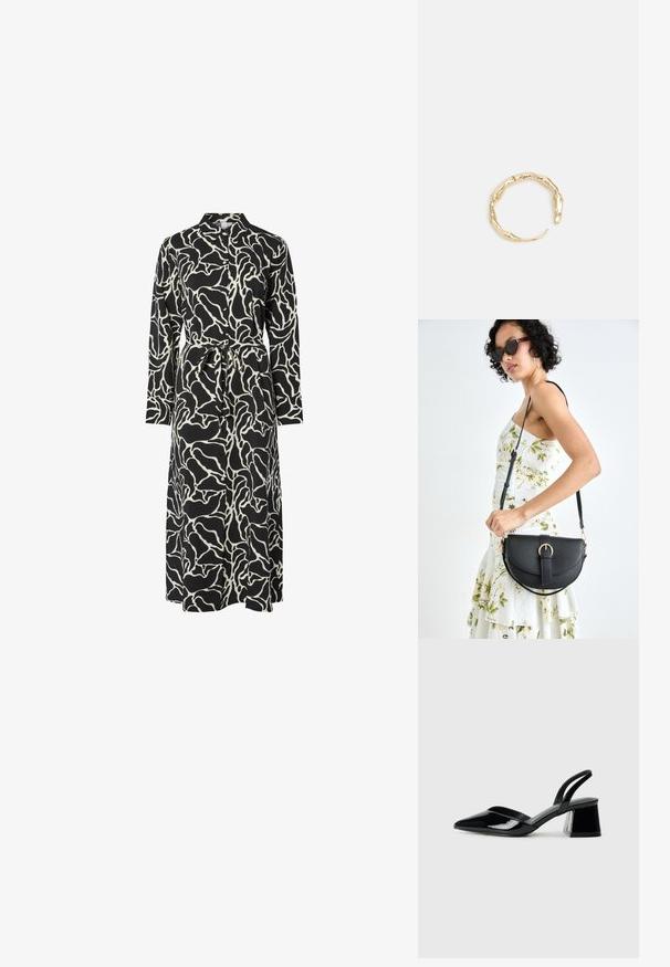 Melna garenruku kleita ar baltu abstraktu rakstu, ar apkakles dekoltē, jostas saitēm un plūstošu siluetu.; Melna lakota āda ar atvērto papēdi, ar smailu purngalu un ģeometrisku blokpapēdi. Iezīmējas elegants, minimāls dizains un gluda tekstūra.; Melnas ādas rokassoma ar izliekta formu, noņemamu siksnu un zelta aksesuāriem. Somai ir vāciņš ar sprādzes detaļu.; Zelta toņa gredzens ar organisku, vērptu dizainu, gludu virsmu un sašaurinātiem galiem, radot mūsdienīgu, skulpturālu izskatu.