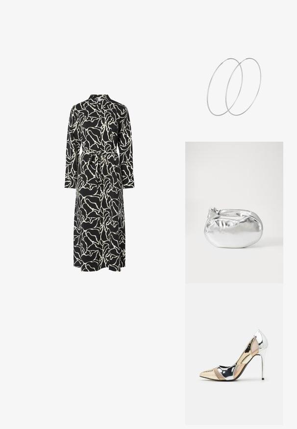 Dlhé rukávy šaty v čiernej farbe s bielym abstraktným vzorom, so špicatým výstrihom, opaskom v páse a splývavým strihom.; Lodičky s špičatou špičkou v striebornom, zlatom a telovom farebnom prevedení. Lesklý povrch s výrezovým dizajnom, s ihlovým opätkom.; Strieborná metalická taška s mäkkým, zaobleným tvarom a uzáverom s uzlíkom. Vyrobená z hladkej syntetickej kože.; Strieborné kruhové náušnice s minimalistickým dizajnom. Cirkulárny tvar, hladký povrch a tenký profil. Ľahké s lesklým povrchom.