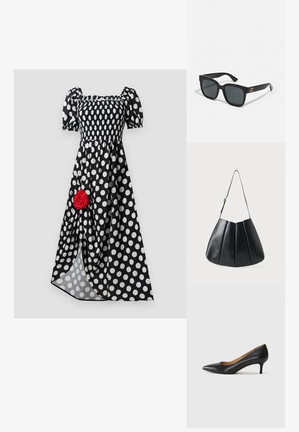 Juoda su baltais taškeliais suknelė su trumpomis pūstomis rankovėmis ir guma surinktu krūtiniu. Kairėje pusėje yra raudona audinio rožė. Srovenanti sijonas.; Juodos odinės aukštakulnės bateliai su smailiu nosiu, žemu kulnu ir lygiu paviršiumi. Priekyje yra nedidelis atvirumas, o gale minimalus apdaila.; Juodos saulės akinių rėmeliai su stačiakampiais objektyvais, pasižymintys blizgiu paviršiumi ir auksinėmis logotipo detalėmis šventyklose. Tamsiai pilki objektyvai suteikia UV apsaugą.; Juodas odinis peties krepšys su raukšlėtu dizainu, lygia tekstūra, viena juosta ir subtiliu auksiniu akcentu.