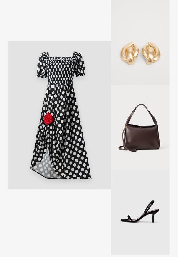 Mustalla pilkullisella mekolla, jossa on lyhyet puffihihat ja smockattu yläosa. Vasemmalla puolella on punainen kangasruusu. Virtaava hame.; Mustat mokkanahkaiset naisten korkokengät ohuilla remmeillä ja kultaisella soljella valkoista taustaa vasten, sivukuva.; Ruskea nahkalaukku, jossa on ryhdikäs muoto, ja siinä on yksi yläkahva sekä irrotettava olkahihna. Kulta haarukkanäppäimistö yksityiskohtina.; Korolliset kultasävytteiset korvakorut, joissa on kierretty muotoilu, sileä ja kiiltävä pinta sekä pyöreät muodot. Jokaisen koko on noin 5 senttimetriä.