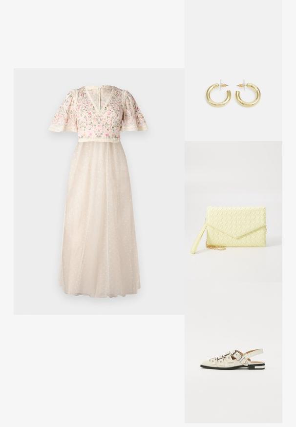 Needle & Thread ROSIE SHORT SLEEVE BALLERINA DRESS - Svečana odjeća - cream; Sandalice sa zatvaračem u bijeloj koži s višestrukim širokim trakama i srebrnim kopčama; ravni potplat s malim crnim potpeticama i metalnim akcentima.; Žuta pletena novčanica s preklopnim dizajnom, odvojivim remenom za zapešće i zlatnim lancem kao ukrasom. Glatka tekstura i pravokutni oblik.; Zlatne kružne naušnice s glatkom, sjajnom završnom obradom. Kružni dizajn s malom potporom i prozirnom podlogom za sigurno nošenje.