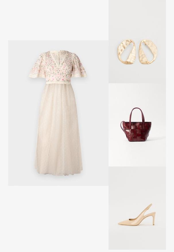 Needle & Thread ROSIE SHORT SLEEVE BALLERINA DRESS - Alkalmi viselet - cream; Meztelen lakkbőr pántos magassarkú, hegyes orral, nyitott elejű és vékony tűs sarkú. A pánton egy kör alakú arany dísz található.; Szőtt bordó bőr tote táska két rövid fogantyúval és levehető vállpánttal. Strukturált formája és sima textúrája jellemzi.; Egy pár szabálytalan, ovális formájú, aranyszínű fém fülbevaló, enyhén kalapált felülettel, fehér háttéren.